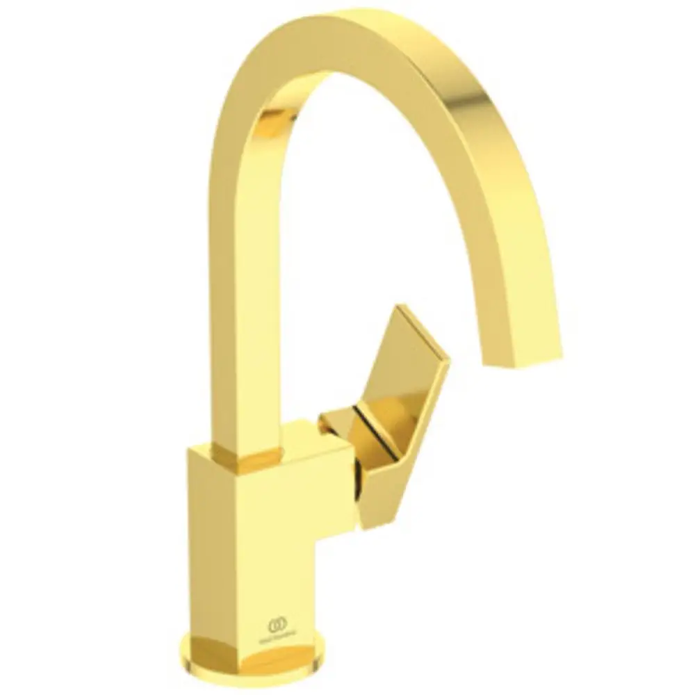 Wascharmatur in Brushed Gold mit einem gebogenen Auslauf und einem Bedienhebel. Design von Ideal Standard, geeignet für moderne Badezimmer.